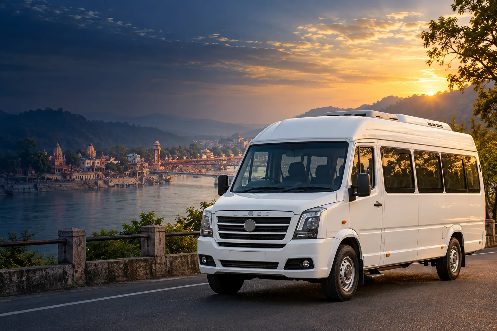 White Tempo Traveller with Haridwar riverside scenery