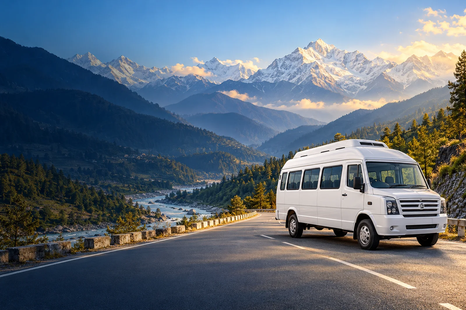 White Tempo Traveller with Himalayan valley scenery